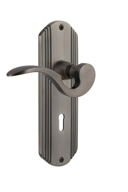 Nostalgic Warehouse - Deco Plate Privacy with Keyhole Manor Lever in Antique Pewter - DECMAN - 763176 - 2 3/8" Backset