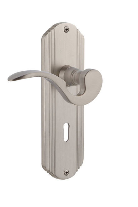 Nostalgic Warehouse - Deco Plate Privacy with Keyhole Manor Lever in Satin Nickel - DECMAN - 763201 - 2 3/8" Backset