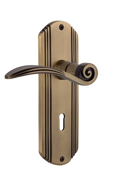 Nostalgic Warehouse - Deco Plate Privacy with Keyhole Swan Lever in Antique Brass - DECSWN - 764993 - 2 3/4" Backset