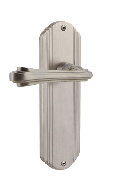 Nostalgic Warehouse - Deco Plate Privacy Fleur Lever in Unlacquered Brass - DECFLR - 766521 - 2 3/8" Backset