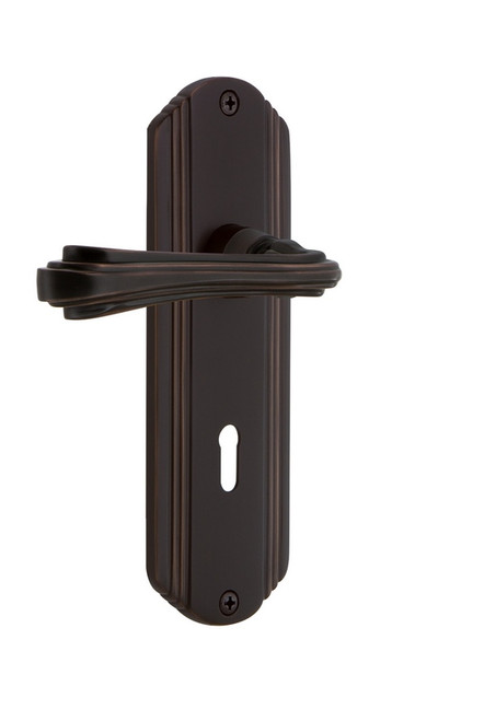 Nostalgic Warehouse - Deco Plate Privacy with Keyhole Fleur Lever in Timeless Bronze - DECFLR - 766832 - 2 3/8" Backset