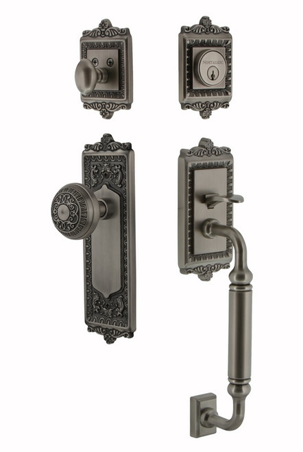 Nostalgic Warehouse - Egg and Dart Plate C Grip Entry Set Egg and Dart Knob in Antique Pewter - EADEAD - 733306 - 2 3/8" Backset