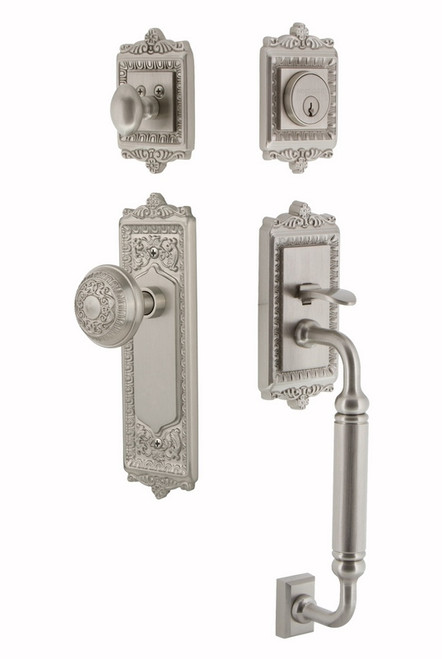Nostalgic Warehouse - Egg and Dart Plate C Grip Entry Set Egg and Dart Knob in Satin Nickel - EADEAD - 733308 - 2 3/8" Backset