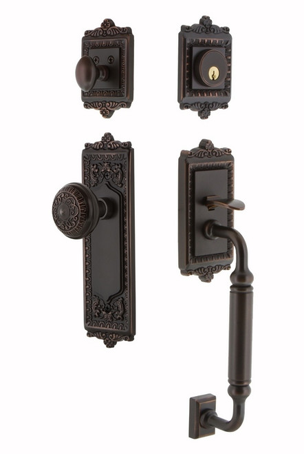 Nostalgic Warehouse - Egg and Dart Plate C Grip Entry Set Egg and Dart Knob in Timeless Bronze - EADEAD - 708235 - 2 3/8" Backset