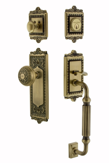 Nostalgic Warehouse - Egg & Dart Plate F Grip Entry Set Egg & Dart Knob in Antique Brass - 719417 - 2 3/8" Backset