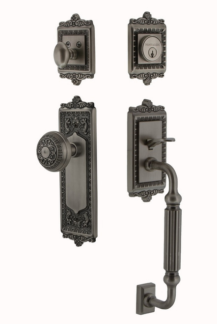 Nostalgic Warehouse - Egg and Dart Plate F Grip Entry Set Egg and Dart Knob in Antique Pewter - EADEAD - 727659 - 2 3/4" Backset