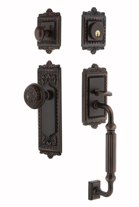 Nostalgic Warehouse - Egg & Dart Plate F Grip Entry Set Egg & Dart Knob in Timeless Bronze - 719390 - 2 3/8" Backset