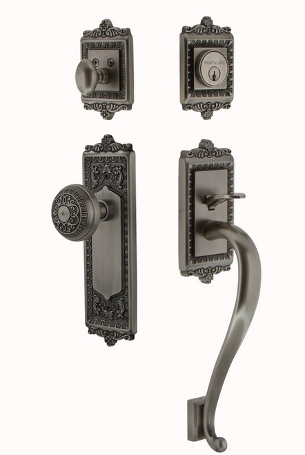 Nostalgic Warehouse - Egg & Dart Plate S Grip Entry Set Egg & Dart Knob in Antique Pewter - 719448 - 2 3/8" Backset