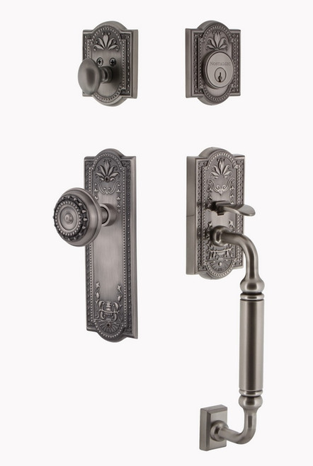 Nostalgic Warehouse - Meadows Plate C Grip Entry Set Meadows Knob in Antique Pewter - MEAMEA - 733331 - 2 3/8" Backset