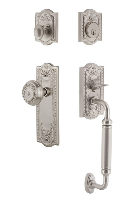 Nostalgic Warehouse - Meadows Plate C Grip Entry Set Meadows Knob in Satin Nickel - MEAMEA - 733333 - 2 3/8" Backset