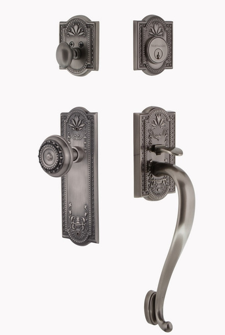 Nostalgic Warehouse - Meadows Plate S Grip Entry Set Meadows Knob in Antique Pewter - 719461 - 2 3/8" Backset