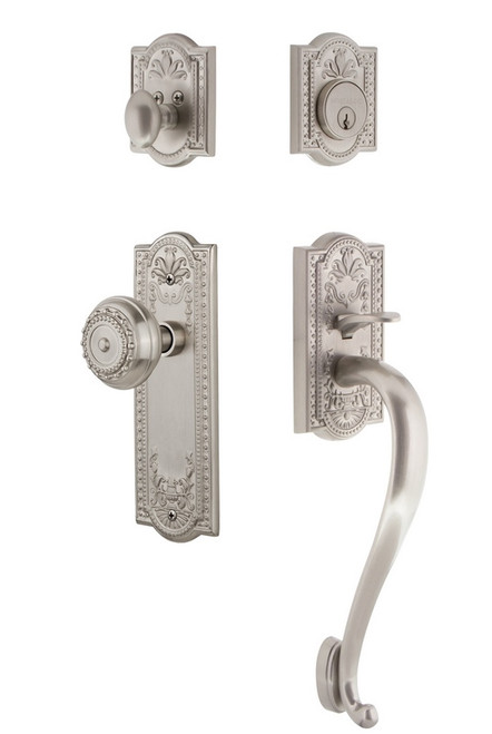Nostalgic Warehouse - Meadows Plate S Grip Entry Set Meadows Knob in Satin Nickel - MEAMEA - 733353 - 2 3/8" Backset