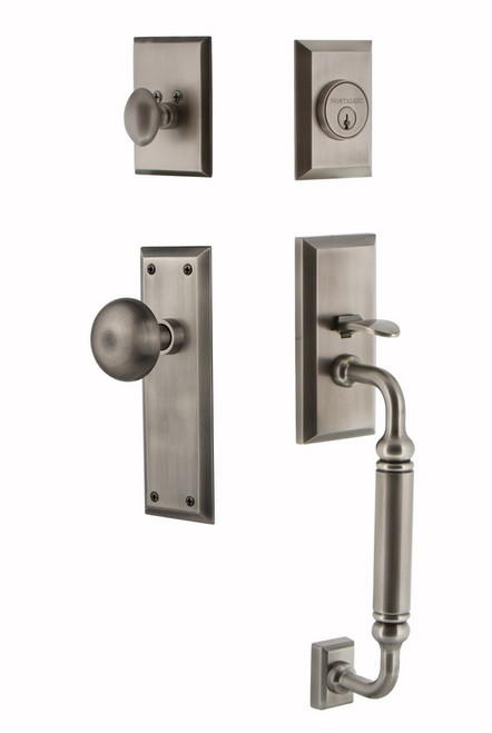 Nostalgic Warehouse - New York Plate C Grip Entry Set New York Knob in Antique Pewter - 719460 - 2 3/8" Backset