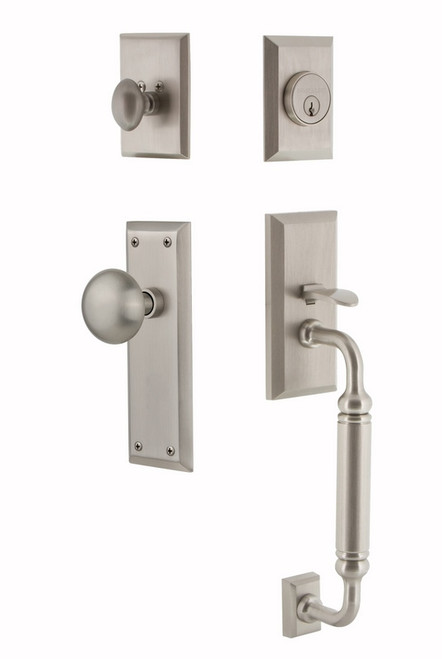 Nostalgic Warehouse - New York Plate C Grip Entry Set New York Knob in Satin Nickel - NYKNYK - 727605 - 2 3/4" Backset