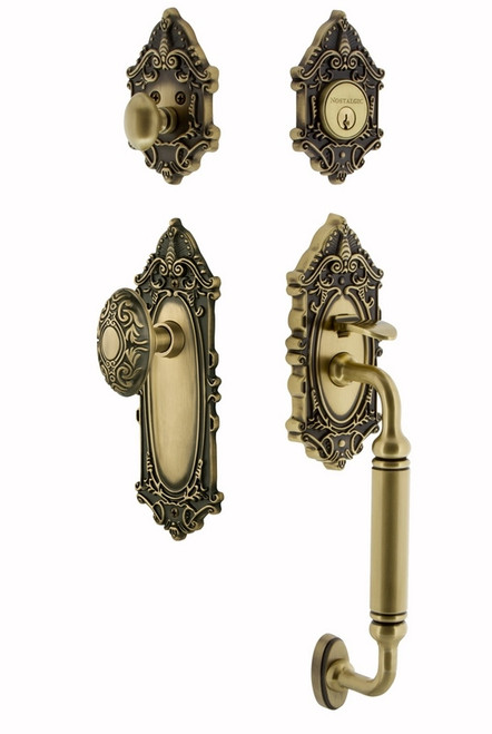 Nostalgic Warehouse - Victorian Plate C Grip Entry Set Victorian Knob in Antique Brass - 727727 - 2 3/4" Backset