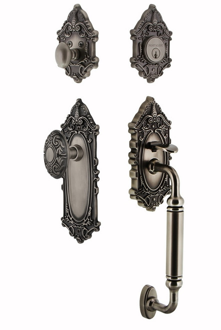 Nostalgic Warehouse - Victorian Plate C Grip Entry Set Victorian Knob in Antique Pewter - VICVIC - 719450 - 2 3/8" Backset