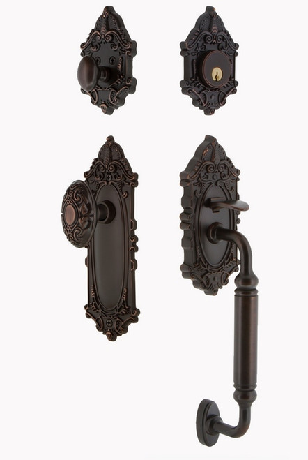 Nostalgic Warehouse - Victorian Plate C Grip Entry Set Victorian Knob in Timeless Bronze - VICVIC - 727734 - 2 3/4" Backset