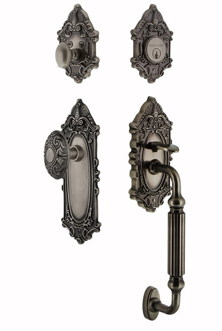 Nostalgic Warehouse - Victorian Plate F Grip Entry Set Victorian Knob in Antique Pewter - 719445 - 2 3/8" Backset