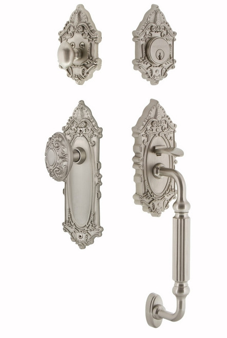 Nostalgic Warehouse - Victorian Plate F Grip Entry Set Victorian Knob in Satin Nickel - 719540 - 2 3/8" Backset