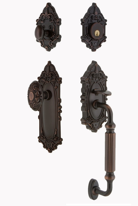 Nostalgic Warehouse - Victorian Plate F Grip Entry Set Victorian Knob in Timeless Bronze - VICVIC - 727738 - 2 3/4" Backset