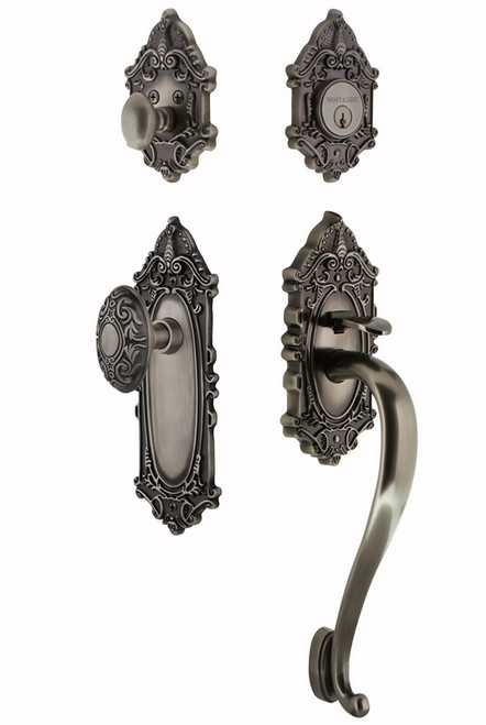 Nostalgic Warehouse - Victorian Plate S Grip Entry Set Victorian Knob in Antique Pewter - VICVIC - 727565 - 2 3/4" Backset