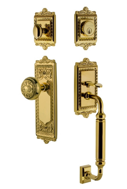 Nostalgic Warehouse - Egg and Dart Plate C Grip Entry Set Egg and Dart Knob in Lifetime Brass - EADEAD - 733307 - 2 3/8" Backset