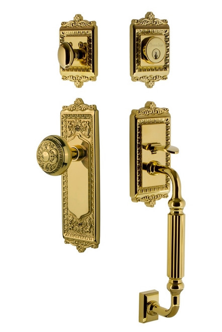 Nostalgic Warehouse - Egg & Dart Plate F Grip Entry Set Egg & Dart Knob in Polished Brass - 727922 - 2 3/4" Backset