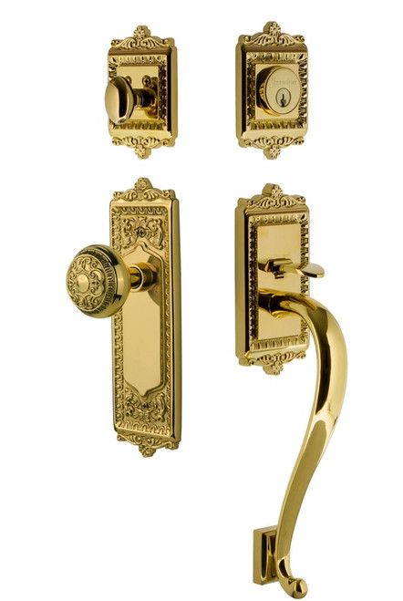 Nostalgic Warehouse - Egg & Dart Plate S Grip Entry Set Egg & Dart Knob in Polished Brass - 727918 - 2 3/4" Backset