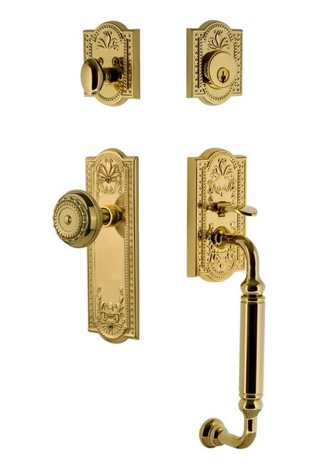 Nostalgic Warehouse - Meadows Plate C Grip Entry Set Meadows Knob in Lifetime Brass - MEAMEA - 733332 - 2 3/8" Backset