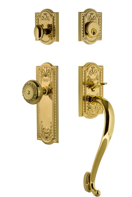 Nostalgic Warehouse - Meadows Plate S Grip Entry Set Meadows Knob in Polished Brass - 727869 - 2 3/8" Backset