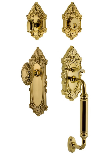 Nostalgic Warehouse - Victorian Plate C Grip Entry Set Victorian Knob in Lifetime Brass - VICVIC - 727818 - 2 3/8" Backset