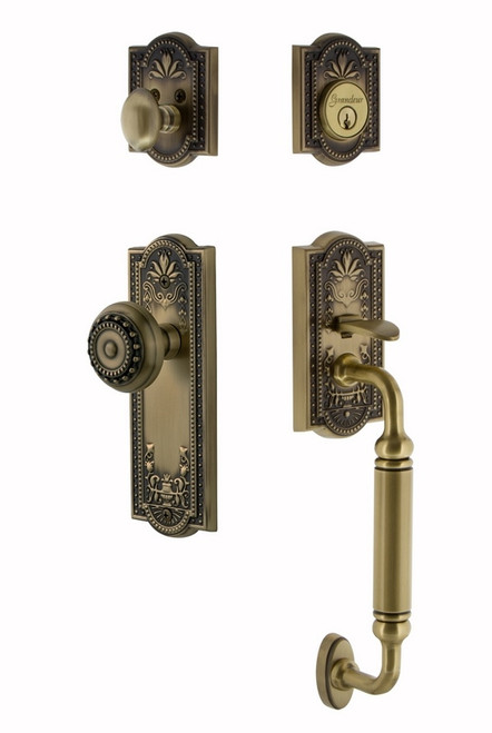 Nostalgic Warehouse - Meadows Plate C Grip Entry Set Meadows Knob in Antique Brass - 727680 - 2 3/4" Backset