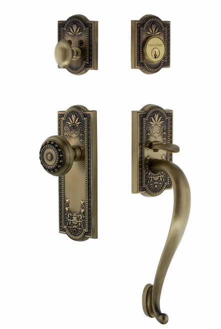 Nostalgic Warehouse - Meadows Plate S Grip Entry Set Meadows Knob in Antique Brass - 719429 - 2 3/8" Backset
