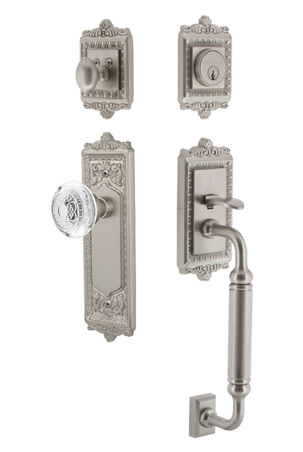 Nostalgic Warehouse - Egg & Dart Plate C Grip Entry Set Crystal Egg & Dart Knob in Satin Nickel - 755585 - 2 3/4" Backset