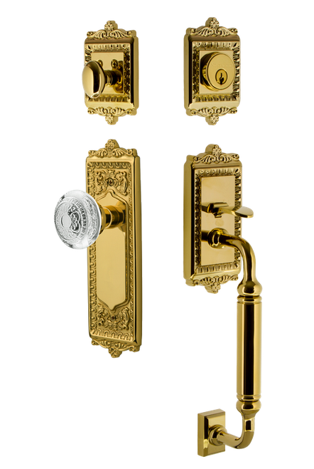 Nostalgic Warehouse - Egg & Dart Plate C Grip Entry Set Crystal Egg & Dart Knob in Polished Brass - 755573 - 2 3/4" Backset