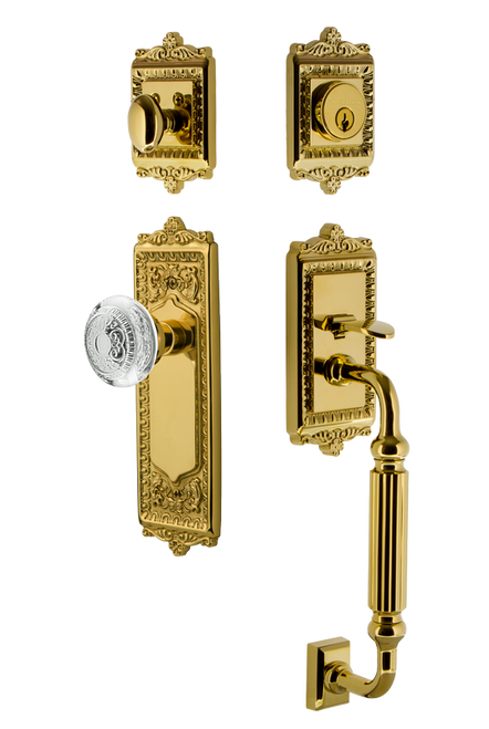 Nostalgic Warehouse - Egg & Dart Plate F Grip Entry Set Crystal Egg & Dart Knob in Polished Brass - 755576 - 2 3/8" Backset