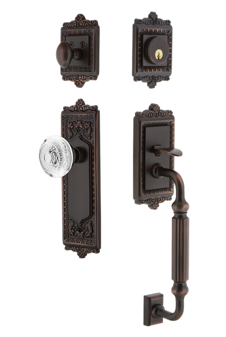 Nostalgic Warehouse - Egg & Dart Plate F Grip Entry Set Crystal Egg & Dart Knob in Timeless Bronze - 755600 - 2 3/8" Backset