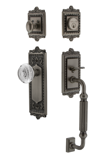 Nostalgic Warehouse - Egg & Dart Plate F Grip Entry Set Crystal Egg & Dart Knob in Antique Pewter - 755564 - 2 3/8" Backset