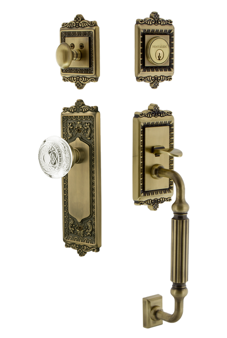 Nostalgic Warehouse - Egg & Dart Plate F Grip Entry Set Crystal Egg & Dart Knob in Antique Brass - 755552 - 2 3/8" Backset
