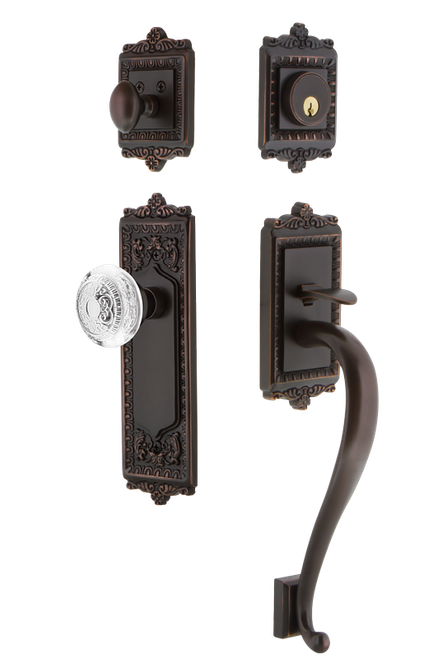 Nostalgic Warehouse - Egg & Dart Plate S Grip Entry Set Crystal Egg & Dart Knob in Timeless Bronze - 755604 - 2 3/8" Backset