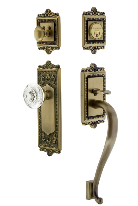 Nostalgic Warehouse - Egg & Dart Plate S Grip Entry Set Crystal Egg & Dart Knob in Antique Brass - 755556 - 2 3/8" Backset