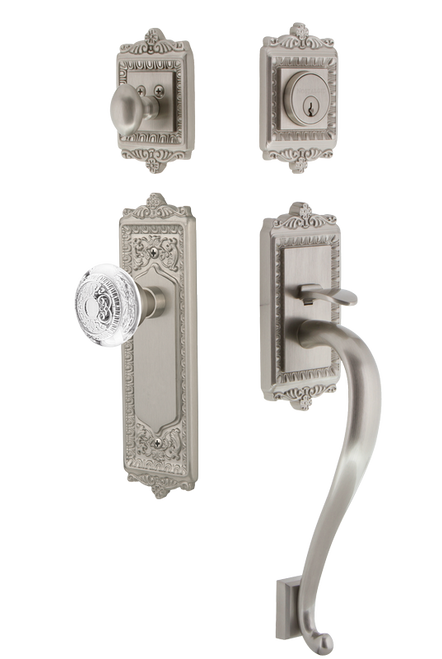 Nostalgic Warehouse - Egg & Dart Plate S Grip Entry Set Crystal Egg & Dart Knob in Satin Nickel - 755592 - 2 3/8" Backset