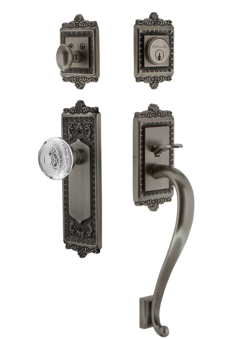 Nostalgic Warehouse - Egg & Dart Plate S Grip Entry Set Crystal Egg & Dart Knob in Antique Pewter - 755568 - 2 3/8" Backset