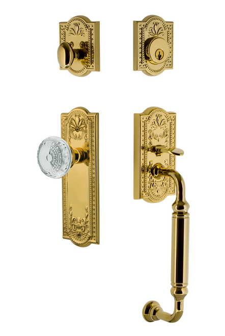 Nostalgic Warehouse - Meadows Plate C Grip Entry Set Crystal Meadows Knob in Lifetime Brass - MEACGRCME - 755813 - 2 3/4" Backset