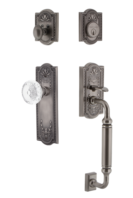 Nostalgic Warehouse - Meadows Plate C Grip Entry Set Crystal Meadows Knob in Antique Pewter - 755801 - 2 3/4" Backset