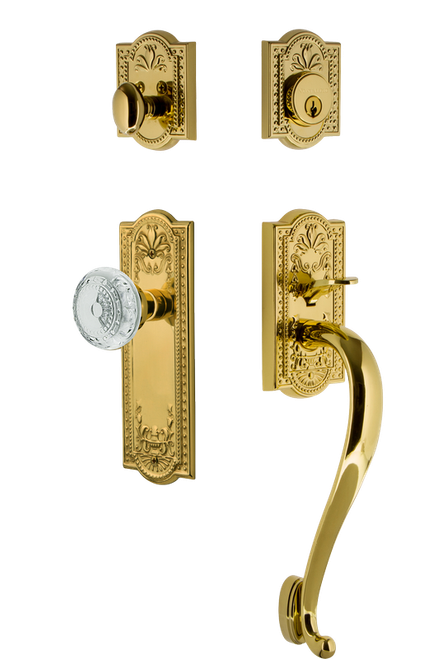 Nostalgic Warehouse - Meadows Plate S Grip Entry Set Crystal Meadows Knob in Polished Brass - 755821 - 2 3/4" Backset