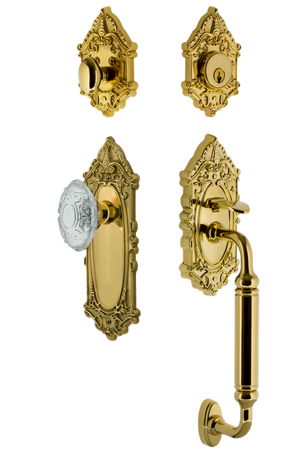 Nostalgic Warehouse - Victorian Plate C Grip Entry Set Crystal Victorian Knob in Polished Brass - 756053 - 2 3/4" Backset