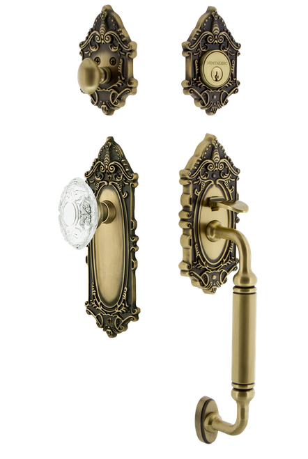 Nostalgic Warehouse - Victorian Plate C Grip Entry Set Crystal Victorian Knob in Antique Brass - 756029 - 2 3/4" Backset