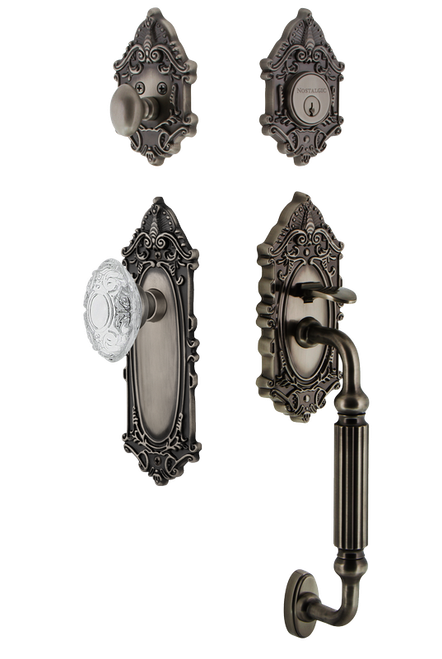 Nostalgic Warehouse - Victorian Plate F Grip Entry Set Crystal Victorian Knob in Antique Pewter - 756045 - 2 3/4" Backset