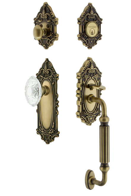 Nostalgic Warehouse - Victorian Plate F Grip Entry Set Crystal Victorian Knob in Antique Brass - 756032 - 2 3/8" Backset